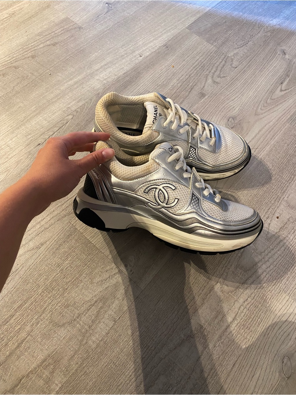 CHANEL Silver and White Chunky Low-Top Sneakers